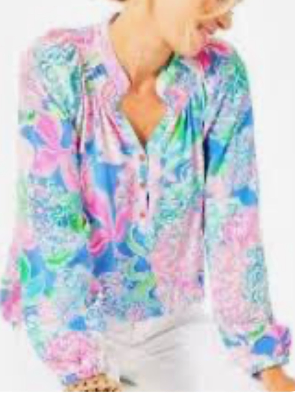 LILLY PULITZER floral Button-Front Long-Sleeve Blouse in Pastel Multicolor! S